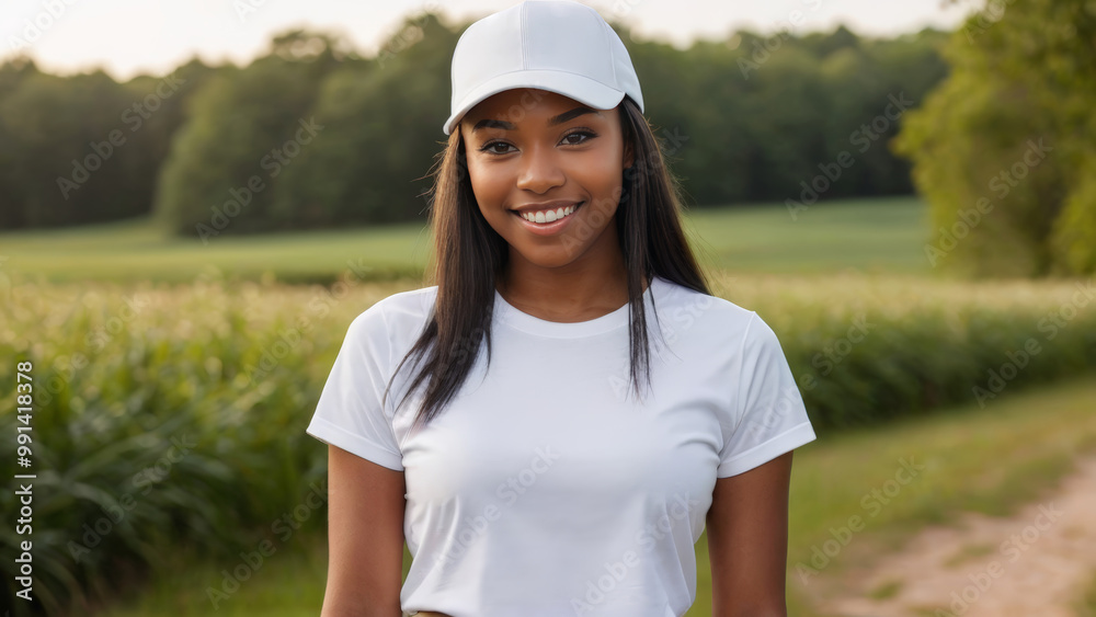 Young black woman wearing white t-shirt and white baseball cap standing in nature Young black woman wearing white t-shirt and white baseball cap standing in nature