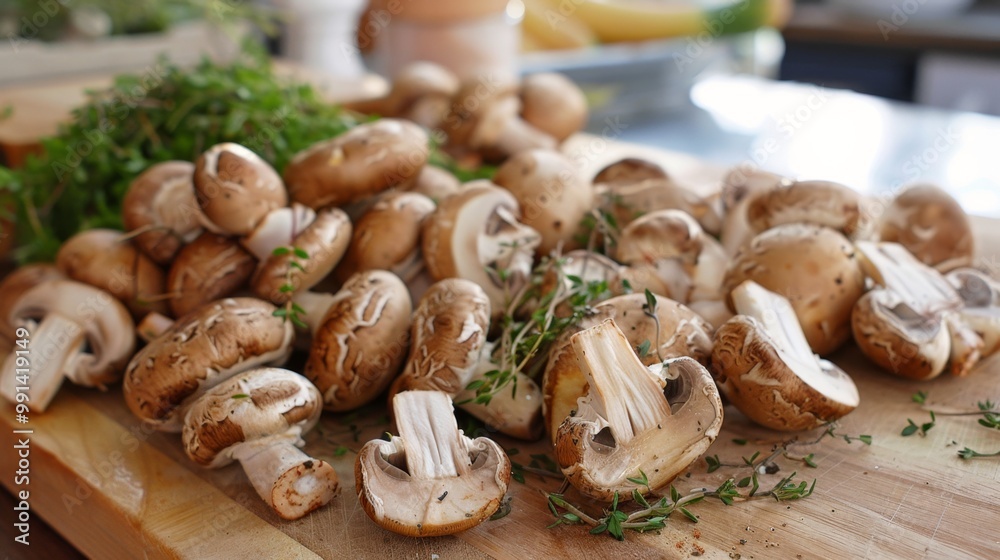 Fototapeta premium Fresh Mushrooms with Herbs on a Wooden Cutting Board
