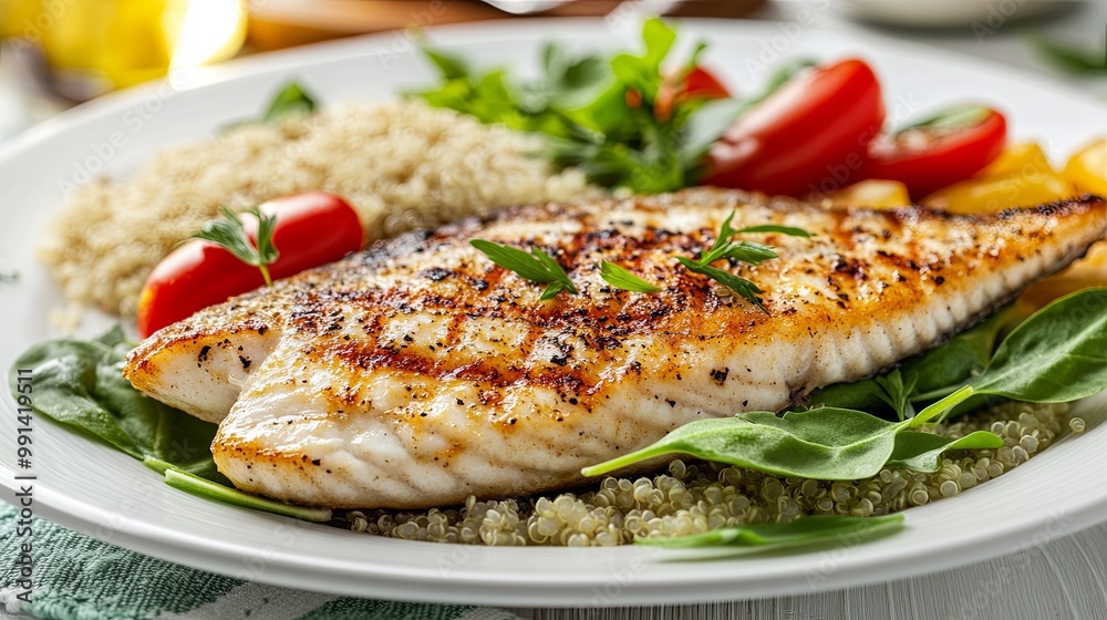 A delicious plate featuring grilled fish, quinoa, cherry tomatoes, and fresh greens, showcasing a healthy meal option. A delicious plate featuring grilled fish, quinoa, cherry tomatoes, and fresh greens, showcasing a healthy meal option.