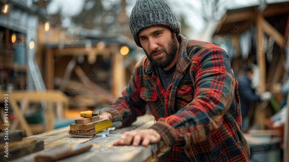 Carpenter working diligently in a rustic outdoor workshop during daylight hours Carpenter working diligently in a rustic outdoor workshop during daylight hours