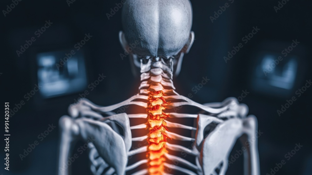 A detailed view of a human skeleton highlighting the spine with a ...