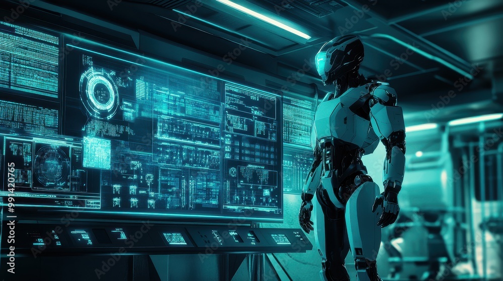 Futuristic Robot Monitoring Data in a High-Tech Environment Futuristic Robot Monitoring Data in a High-Tech Environment