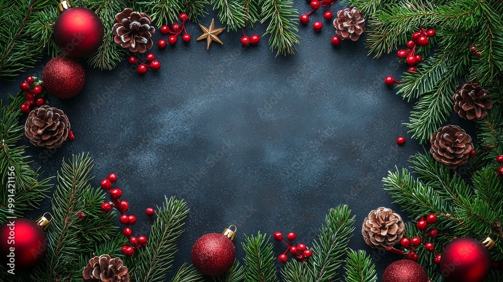 festive Christmas and winter holiday frame featuring pine branches, red berries, pine cones, and ornaments on deep grey background, perfect for seasonal designs and invitations. festive Christmas and winter holiday frame featuring pine branches, red berries, pine cones, and ornaments on deep grey background, perfect for seasonal designs and invitations.