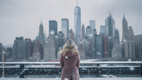 Woman in winter coat facing city skyline during snowfall