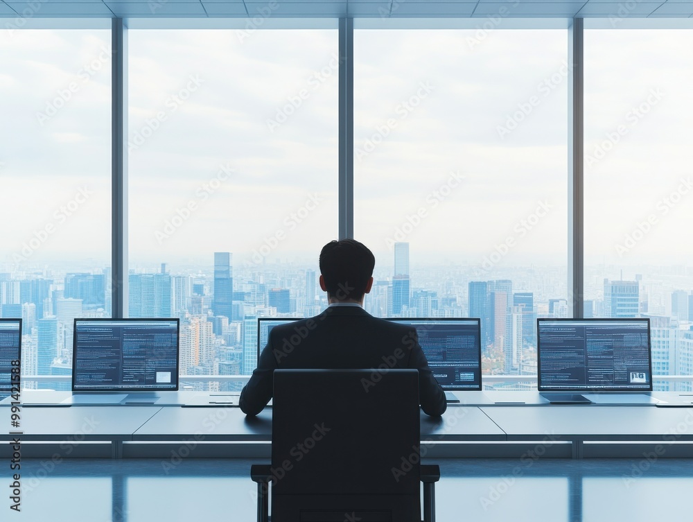 Fototapeta premium Businessman looking out at the city skyline, surrounded by computers, symbolizing technology and corporate success.
