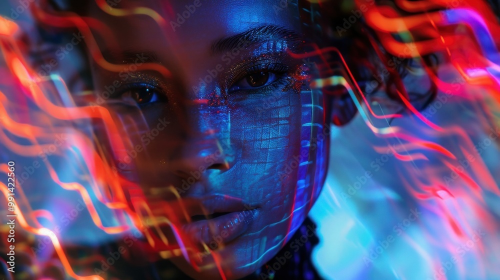 A womans face with purple and blue lights projected on it A womans face with purple and blue lights projected on it