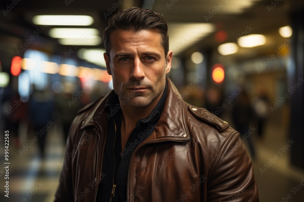 Portrait of a blissful man in his 40s sporting a classic leather jacket over bustling city subway background
