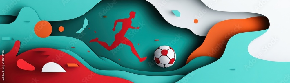 Obraz premium Dynamic soccer illustration featuring a player sprinting towards a ball, set against a vibrant, abstract background.