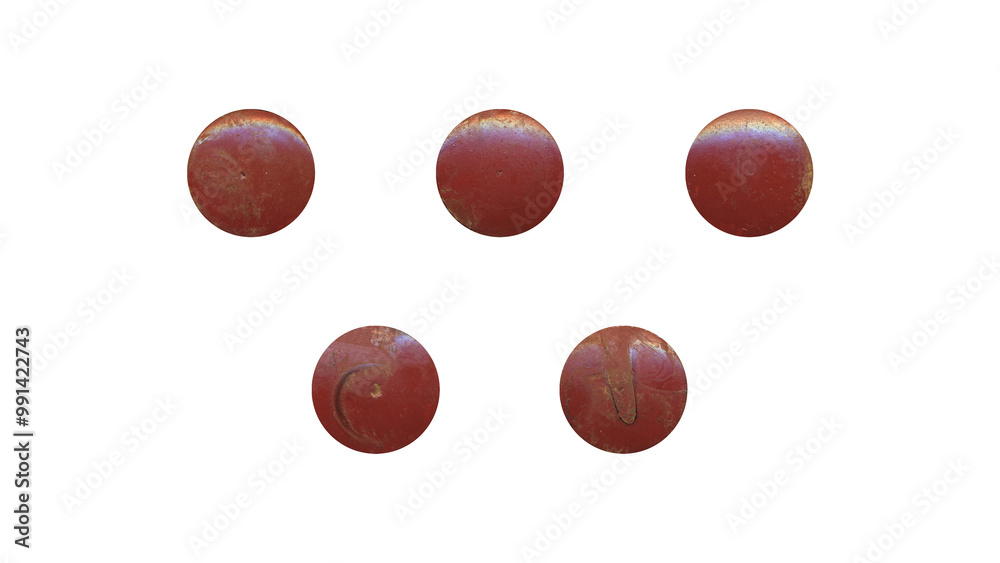 Obraz premium a set of red aged circles, rusty stationery tacks in png format, front view, isolated metal push rounded pins on transparent background