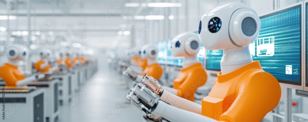 Fototapeta premium A futuristic factory scene showcasing robotic arms assembling products with precision and efficiency in a modern workspace.