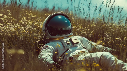 Astronaut lying in the meadow 