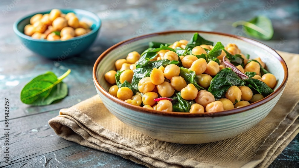 Healthy and delicious bowl of Garbanzos con Espinacas (chickpeas with spinach) on pastel background with clear lighting , diet, bowl, vegetarian, colorful, homemade, cuisine, protein Healthy and delicious bowl of Garbanzos con Espinacas (chickpeas with spinach) on pastel background with clear lighting , diet, bowl, vegetarian, colorful, homemade, cuisine, protein
