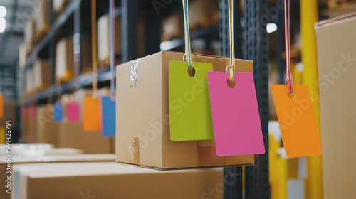 A well-organized warehouse shows cardboard boxes with colorful tags hanging from them, indicating a systematic inventory management approach. photo