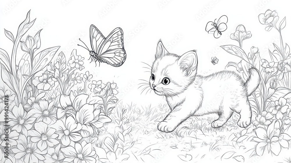 Curious Kitten in a Garden with Butterflies Curious Kitten in a Garden with Butterflies