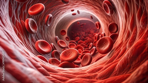 the human body, blood vessels, small red corpuscles flying through the tunnel of the vessel, capillaries, medical terms,	