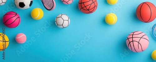 A colorful assortment of various sports balls on a vibrant blue background, perfect for sports and activity related themes.