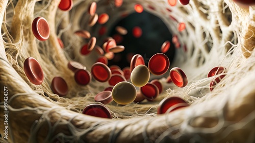 the human body, blood vessels, small red corpuscles flying through the tunnel of the vessel, capillaries, medical terms,