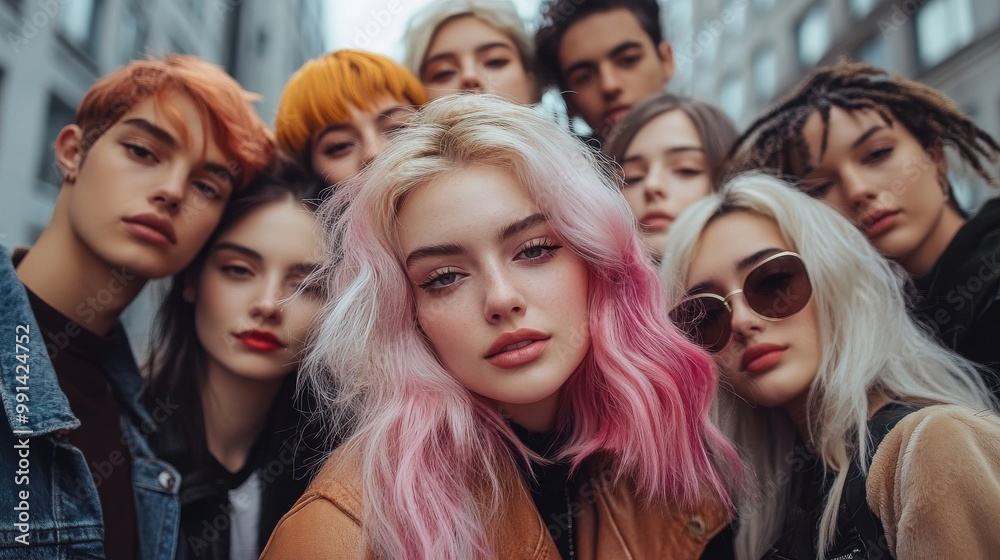 Fototapeta premium Diverse Friends with Trendy Hairstyles in Urban Setting