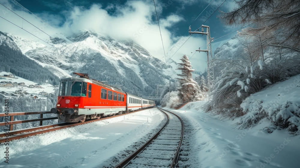 Red train travels in a valley covered by heavy snow in background on a sunny winter day Red train travels in a valley covered by heavy snow in background on a sunny winter day