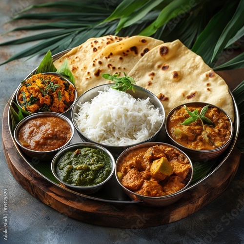 Traditional Indian Cuisine Feast with Curries and Naan