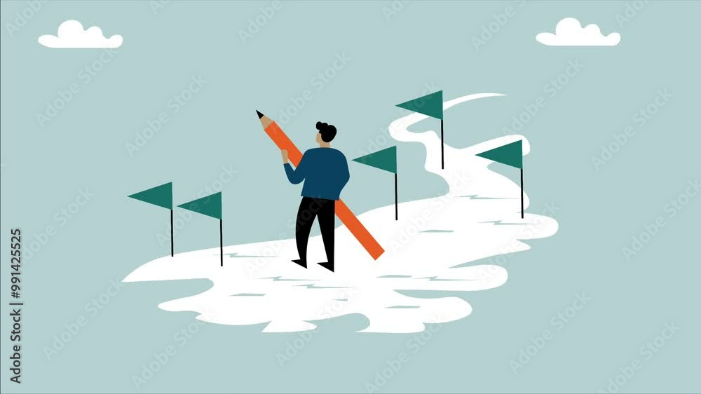 Workflow or working process, project progress, milestone or achievement tracking, work experience or roadmap concept, businessman using pencil to draw workflow line with achievement flag milestones. Workflow or working process, project progress, milestone or achievement tracking, work experience or roadmap concept, businessman using pencil to draw workflow line with achievement flag milestones.