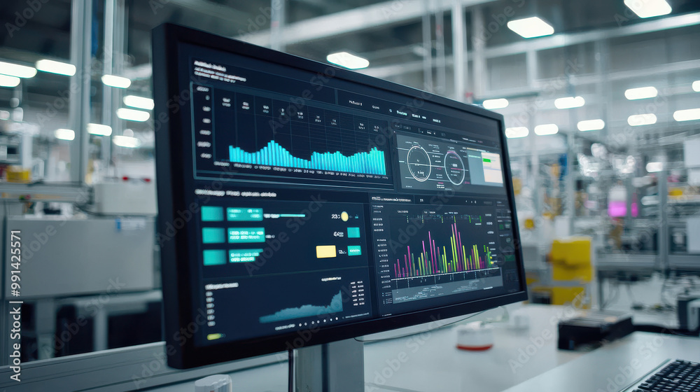 A modern monitor displaying data visualizations and analytics in a ...