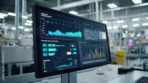 A modern monitor displaying data visualizations and analytics in a bright industrial environment.