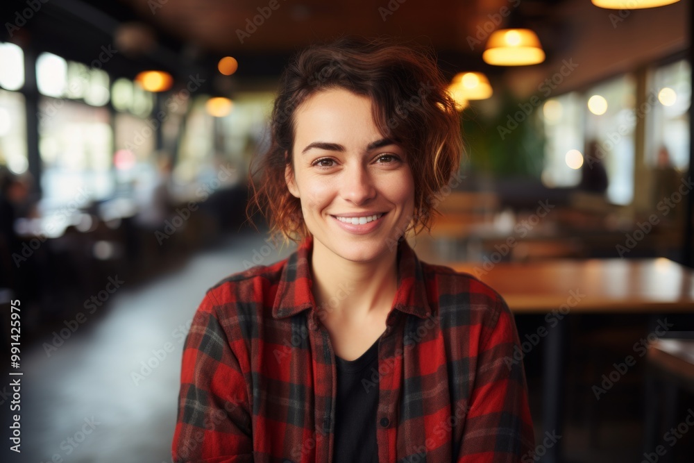 Portrait of a grinning woman in her 30s dressed in a relaxed flannel shirt on bustling restaurant background Portrait of a grinning woman in her 30s dressed in a relaxed flannel shirt on bustling restaurant background