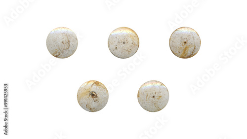 a set of white aged circles, rusty stationery tacks in png format, front view, isolated metal push rounded pins on transparent background