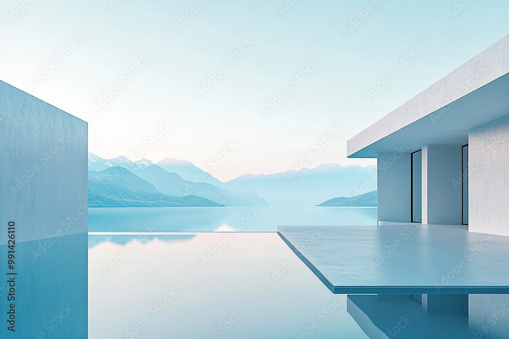 Fototapeta premium Abstract 3D rendering of minimalist style architectural space scene, mountain and lakeside building