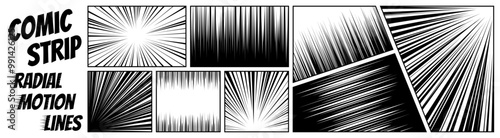 Comic strip radial motion lines set. Anime comics book super hero speed and fight blast rays texture. Manga superhero action or explosions effects. Cartoon fast zoom and light flash eps graphic ink