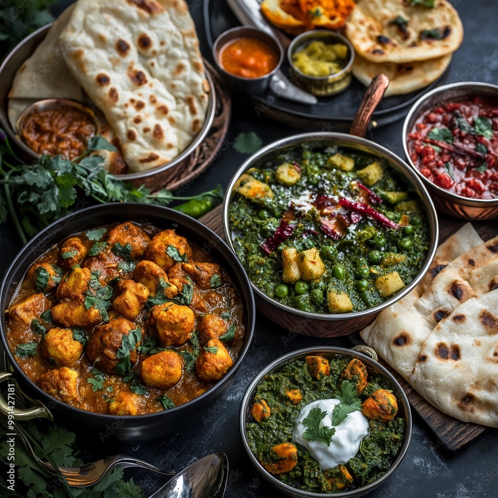 Traditional Indian Cuisine Feast with Curries and Naan
