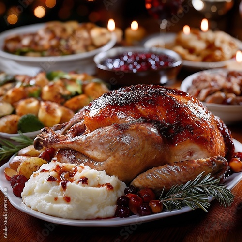 Thanksgiving dinner table, featuring a beautifully roasted turkey as the centerpiece.