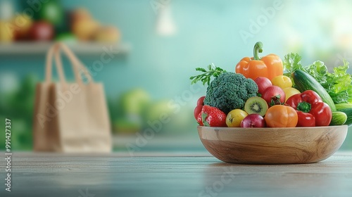 Bowl of fresh vegetables and fruits on wooden table with shopping bag in the background © Sippung
