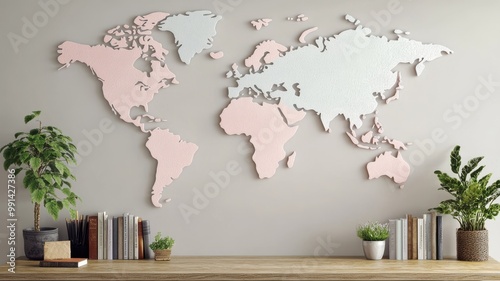 Fototapeta Naklejka Na Ścianę i Meble -  Stylish world map wall art decor in pastel colors, perfect for modern home or office interiors.