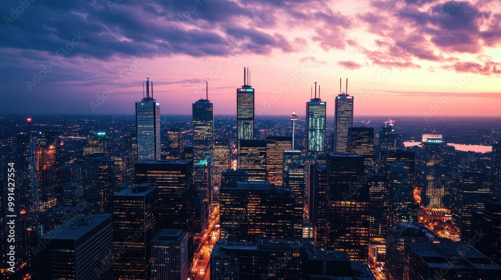 Obraz premium Cityscape at Dusk with a Pink Sky