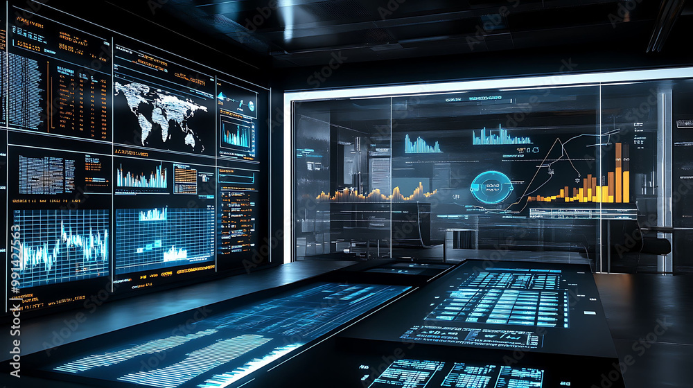 Futuristic office with glowing digital displays showing data and charts on walls and table. Futuristic office with glowing digital displays showing data and charts on walls and table.