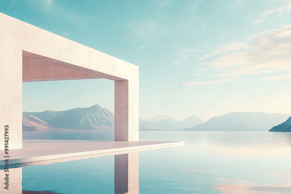 Fototapeta premium Abstract 3D rendering of minimalist style architectural space scene, mountain and lakeside building