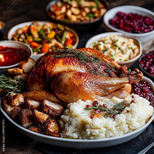  Thanksgiving dinner table, featuring a beautifully roasted turkey as the centerpiece.