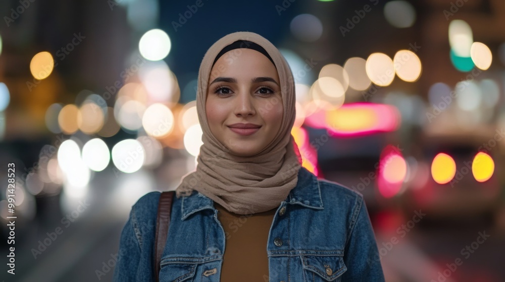 A young woman wearing a hijab stands on a lively city street at night, smiling as traffic moves behind her. The warm glow of streetlights and car headlights adds a vibrant backdrop to her expression. A young woman wearing a hijab stands on a lively city street at night, smiling as traffic moves behind her. The warm glow of streetlights and car headlights adds a vibrant backdrop to her expression.