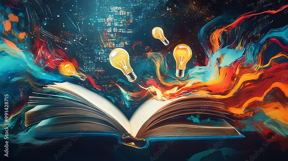 Obraz premium An open book with glowing light bulbs emerging from its pages, representing knowledge and inspiration.