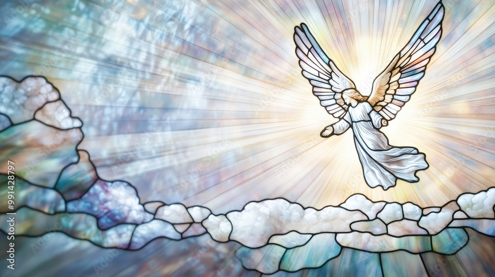 A stunning stained glass depiction of an angel ascending through clouds, radiating light and serenity, symbolizing hope and divinity. A stunning stained glass depiction of an angel ascending through clouds, radiating light and serenity, symbolizing hope and divinity.