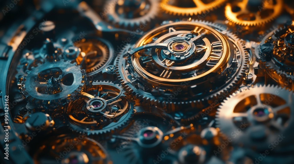 Detailed Closeup of Intricate Watch Mechanism Showing Gears and Cogs Detailed Closeup of Intricate Watch Mechanism Showing Gears and Cogs