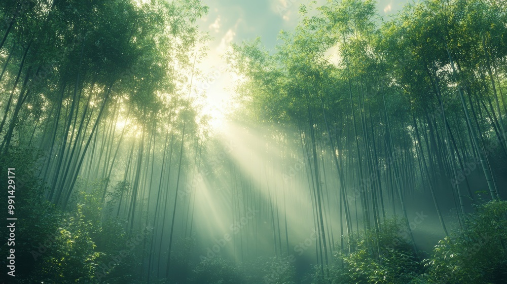 Obraz premium Serene Sunrise in Bamboo Grove - Tranquil Morning with Sunlight Filtering Through Lush Greenery in Misty Forest Setting