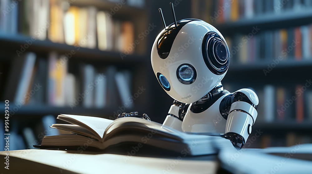 A white humanoid robot with blue eyes sits at a table in a library reading a book. A white humanoid robot with blue eyes sits at a table in a library reading a book.