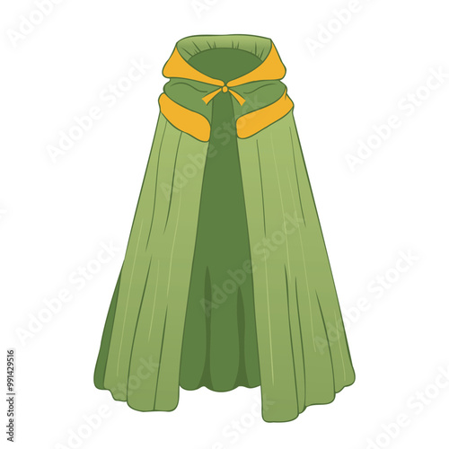 Green magic cloak with hood in flat design. Cape clothing with wavy fabric. Vector illustration isolated.