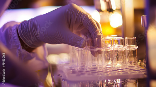 A scientist in gloves carefully handles glass test tubes in a laboratory setting, focused on precise measurements under controlled lighting.