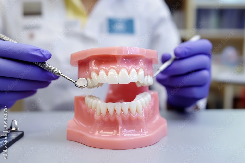 A dental model with a person using instruments to demonstrate oral care techniques, highlighting dental hygiene practices. A dental model with a person using instruments to demonstrate oral care techniques, highlighting dental hygiene practices.