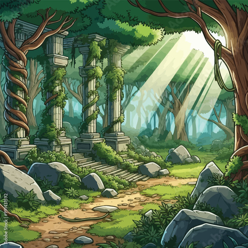 An overgrown forest with ancient ruins illustration 