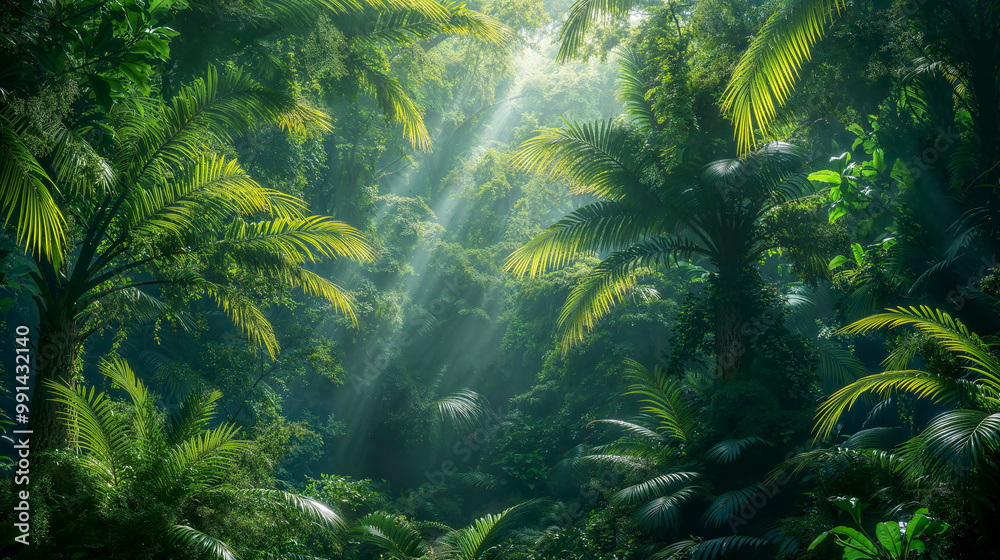 A vibrant tropical rainforest illuminated by the sun with lush green palm trees and dense foliage creating a serene environment. A vibrant tropical rainforest illuminated by the sun with lush green palm trees and dense foliage creating a serene environment.